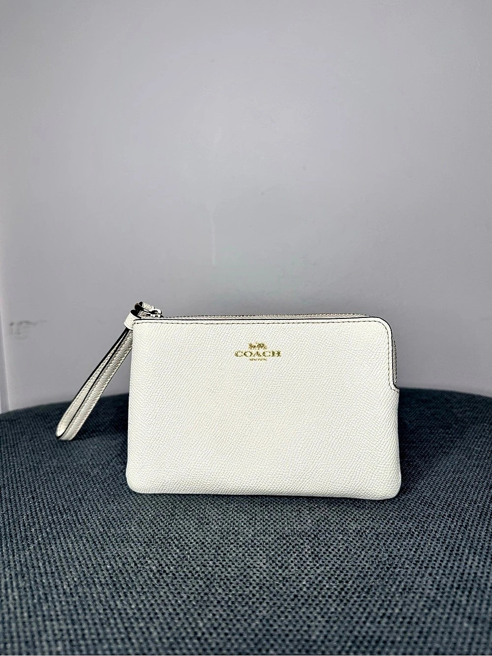Coach Small Corner Zip Wristlet in Crossgrain Leather Off White